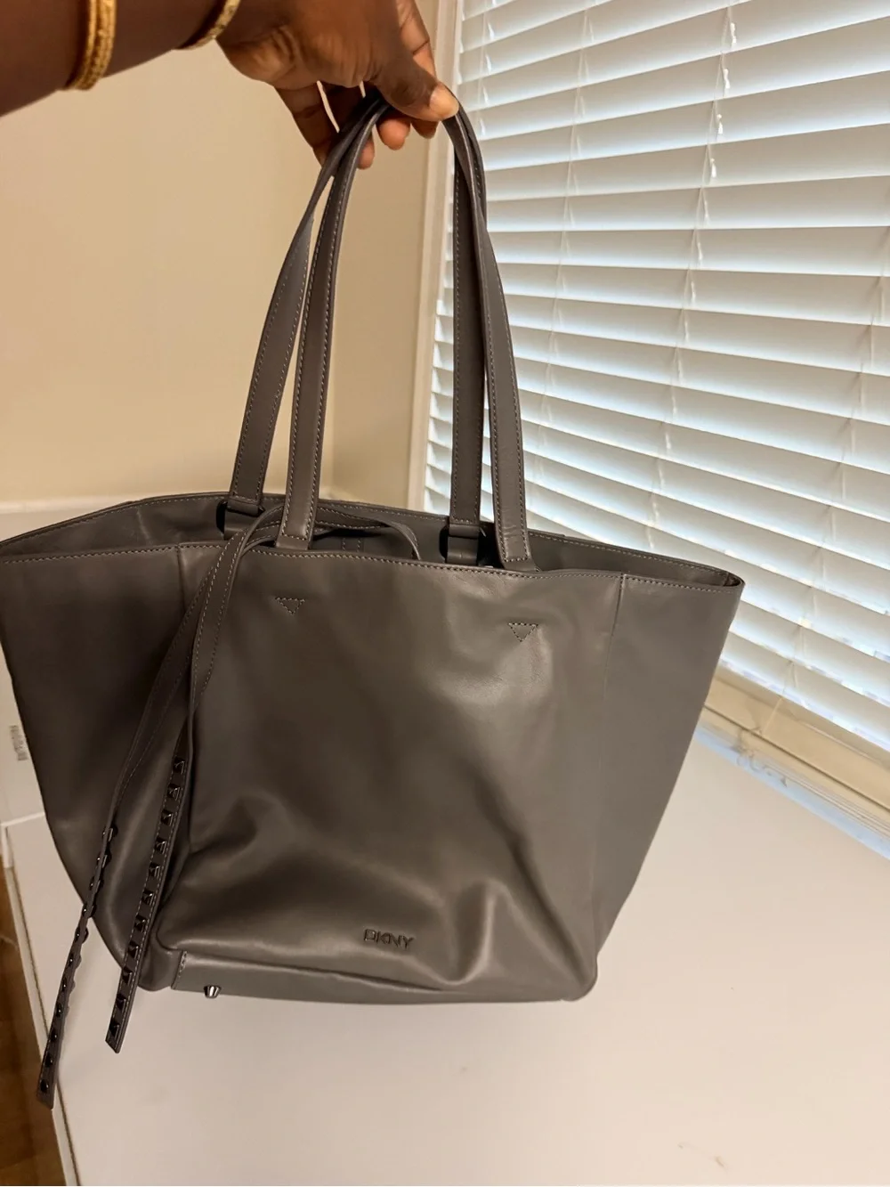 DKNY Gray Leather Tote with Studded Strap Accent